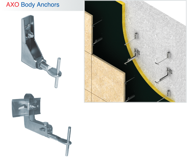 AXO Body Anchors by HAZ Metal - Adjustable heavy-duty body anchor system for secure natural stone cladding installation on concrete substrates.