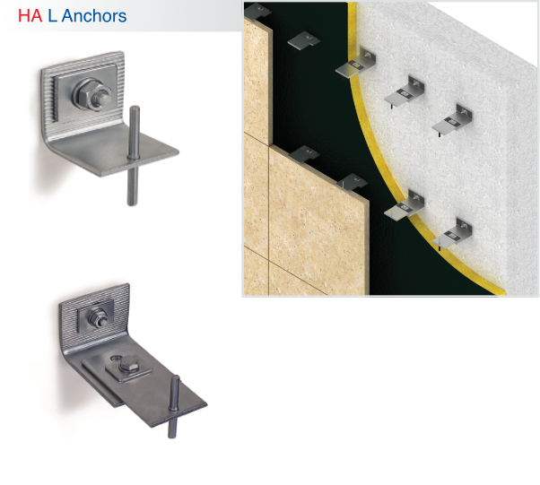 HA L Anchors by HAZ Metal - L-shaped support brackets and fixing components for stone facade cladding systems.