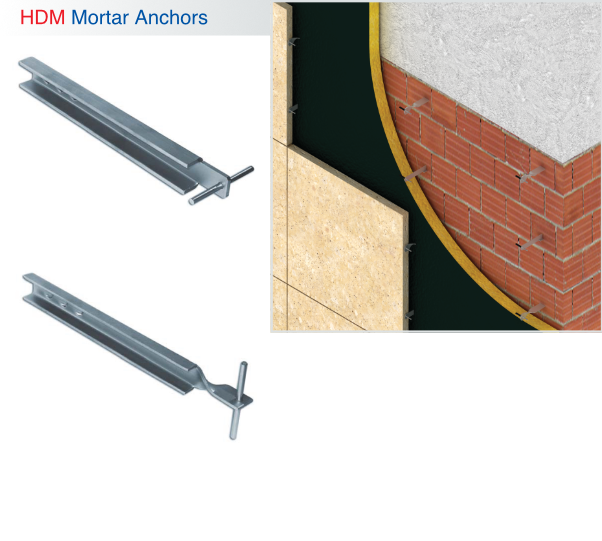 HDM Mortar Anchors by HAZ Metal - Specialized mortar fixing system for natural stone facade cladding on brick wall substrates with thermal insulation.