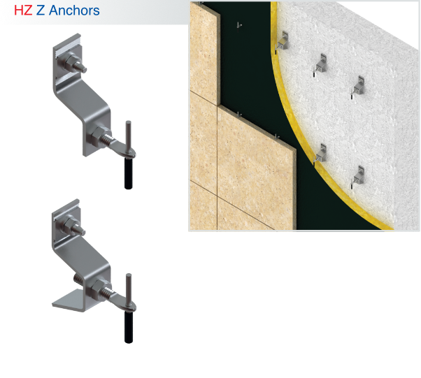 HZ Z Anchors by HAZ Metal - Stainless steel Z-type fixing system for natural stone facade cladding on concrete walls with insulation.